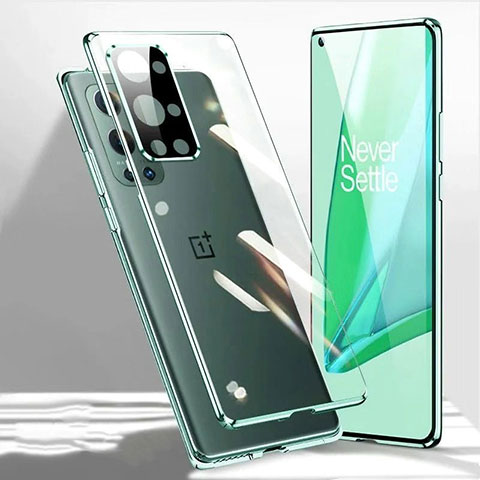 Custodia Lusso Alluminio Laterale Specchio 360 Gradi Cover P01 per OnePlus 9R 5G Verde