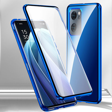 Custodia Lusso Alluminio Laterale Specchio 360 Gradi Cover P01 per Oppo A77 5G Blu