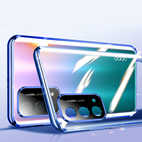 Custodia Lusso Alluminio Laterale Specchio 360 Gradi Cover P01 per Oppo A93 5G Blu