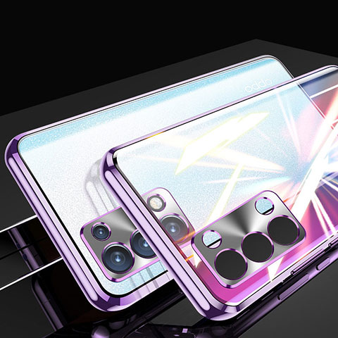 Custodia Lusso Alluminio Laterale Specchio 360 Gradi Cover P01 per Oppo Reno6 Pro+ Plus 5G Viola