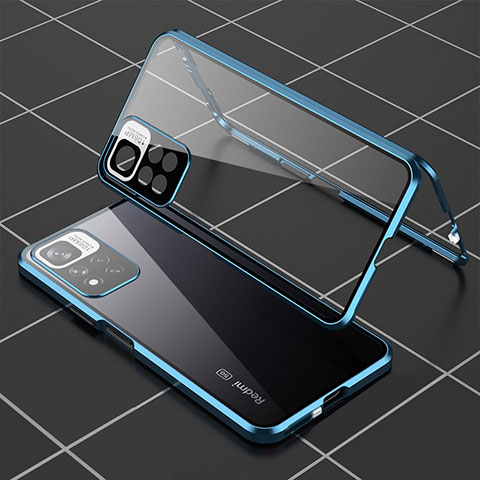 Custodia Lusso Alluminio Laterale Specchio 360 Gradi Cover P01 per Xiaomi Poco X4 NFC Blu
