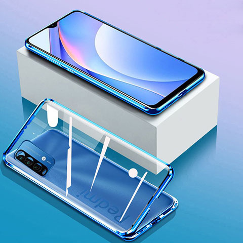 Custodia Lusso Alluminio Laterale Specchio 360 Gradi Cover P01 per Xiaomi Redmi Note 9 4G Blu