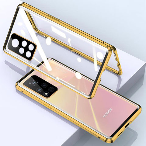 Custodia Lusso Alluminio Laterale Specchio 360 Gradi Cover per Huawei Honor V40 5G Oro