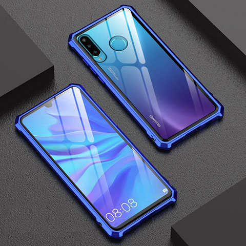 Custodia Lusso Alluminio Laterale Specchio 360 Gradi Cover per Huawei P30 Lite New Edition Blu