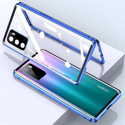 Custodia Lusso Alluminio Laterale Specchio 360 Gradi Cover per Oppo A16 Blu