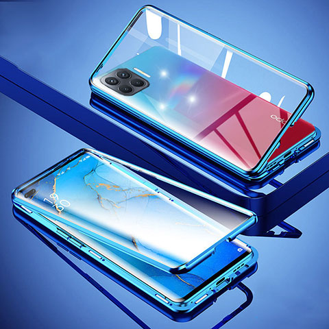 Custodia Lusso Alluminio Laterale Specchio 360 Gradi Cover per Oppo A93 Blu