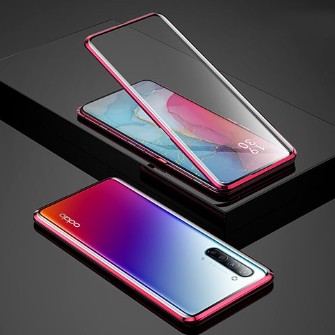 Custodia Lusso Alluminio Laterale Specchio 360 Gradi Cover per Oppo Reno3 Rosso