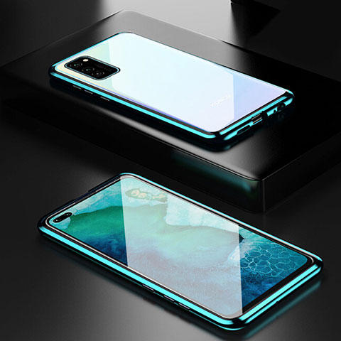 Custodia Lusso Alluminio Laterale Specchio 360 Gradi Cover T01 per Huawei Honor V30 Pro 5G Ciano