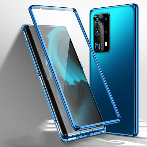 Custodia Lusso Alluminio Laterale Specchio 360 Gradi Cover T01 per Huawei P40 Pro+ Plus Blu