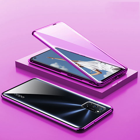 Custodia Lusso Alluminio Laterale Specchio 360 Gradi Cover T01 per Oppo A92 Viola