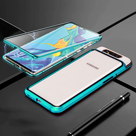 Custodia Lusso Alluminio Laterale Specchio 360 Gradi Cover T01 per Samsung Galaxy A90 4G Ciano