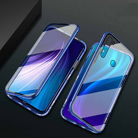 Custodia Lusso Alluminio Laterale Specchio 360 Gradi Cover T01 per Xiaomi Redmi Note 8 (2021) Blu