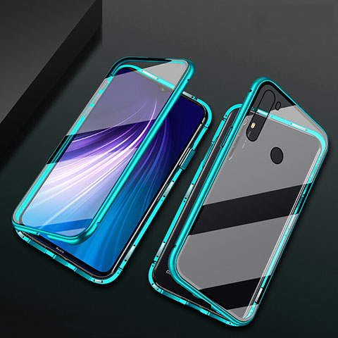 Custodia Lusso Alluminio Laterale Specchio 360 Gradi Cover T01 per Xiaomi Redmi Note 8 (2021) Ciano