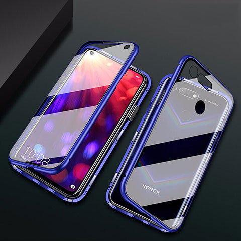 Custodia Lusso Alluminio Laterale Specchio 360 Gradi Cover T02 per Huawei Honor V20 Blu