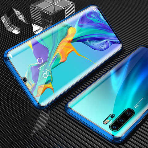 Custodia Lusso Alluminio Laterale Specchio 360 Gradi Cover T02 per Huawei P30 Pro New Edition Blu