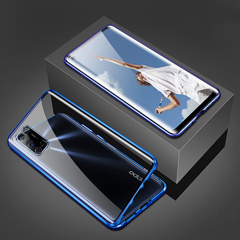 Custodia Lusso Alluminio Laterale Specchio 360 Gradi Cover T02 per Oppo A92 Blu