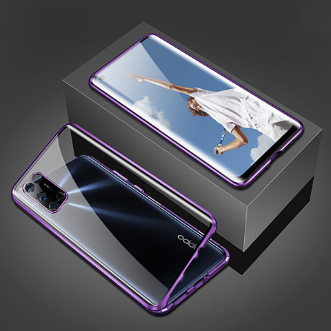 Custodia Lusso Alluminio Laterale Specchio 360 Gradi Cover T02 per Oppo A92 Viola