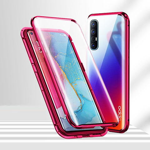 Custodia Lusso Alluminio Laterale Specchio 360 Gradi Cover T02 per Oppo Reno3 Pro Rosso