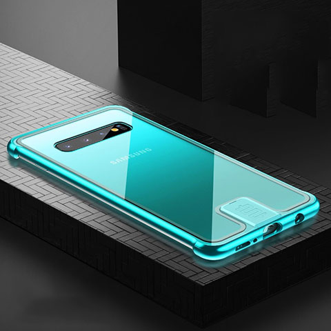 Custodia Lusso Alluminio Laterale Specchio 360 Gradi Cover T02 per Samsung Galaxy S10 5G Ciano