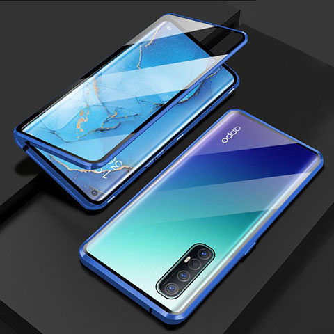 Custodia Lusso Alluminio Laterale Specchio 360 Gradi Cover T03 per Oppo Reno3 Pro Blu