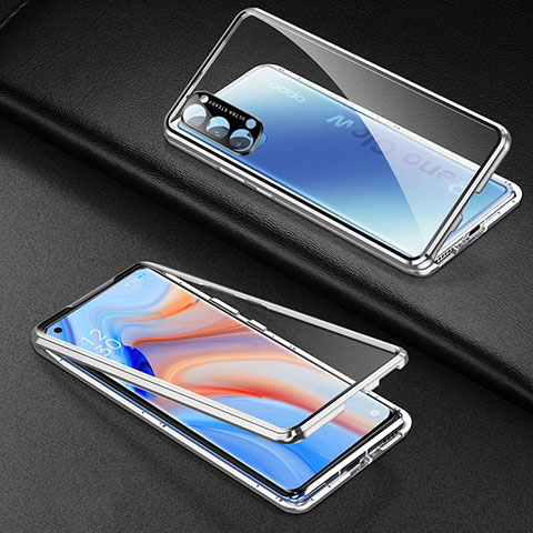 Custodia Lusso Alluminio Laterale Specchio 360 Gradi Cover T03 per Oppo Reno4 Pro 5G Argento