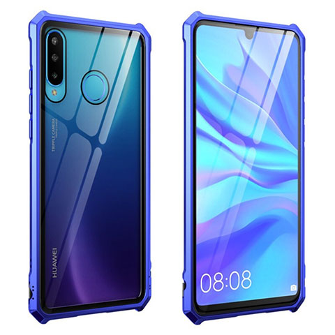 Custodia Lusso Alluminio Laterale Specchio 360 Gradi Cover T05 per Huawei P30 Lite Blu