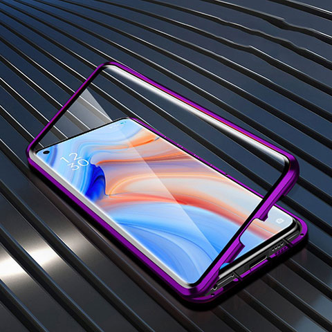 Custodia Lusso Alluminio Laterale Specchio 360 Gradi Cover T05 per Oppo Reno4 5G Viola