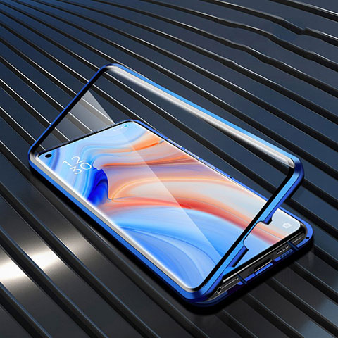 Custodia Lusso Alluminio Laterale Specchio 360 Gradi Cover T05 per Oppo Reno4 Pro 5G Blu