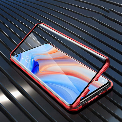 Custodia Lusso Alluminio Laterale Specchio 360 Gradi Cover T05 per Oppo Reno4 Pro 5G Rosso