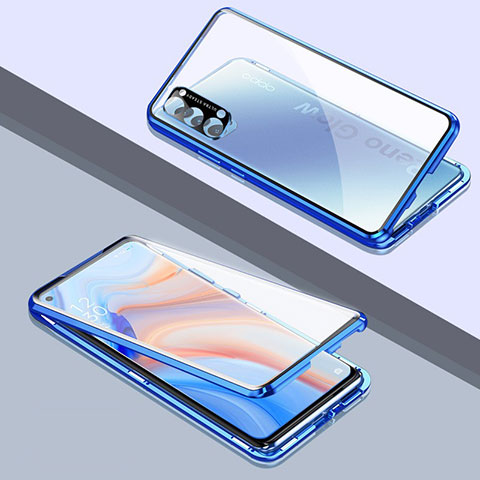 Custodia Lusso Alluminio Laterale Specchio 360 Gradi Cover T06 per Oppo Reno4 5G Blu