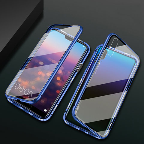 Custodia Lusso Alluminio Laterale Specchio 360 Gradi Cover T07 per Huawei P20 Blu