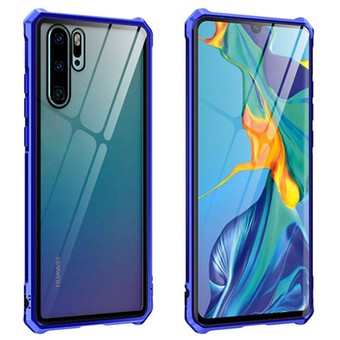 Custodia Lusso Alluminio Laterale Specchio 360 Gradi Cover T08 per Huawei P30 Pro Blu