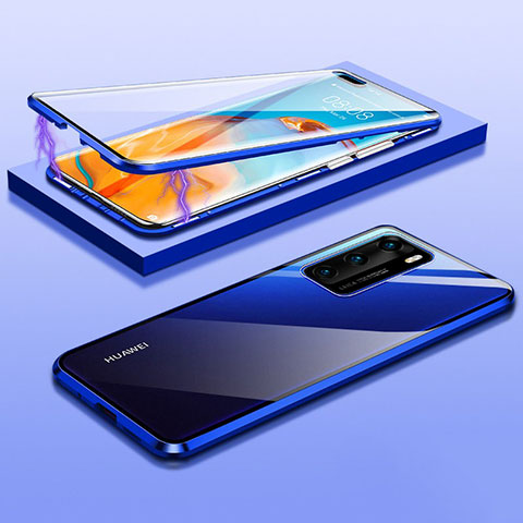 Custodia Lusso Alluminio Laterale Specchio 360 Gradi Cover T08 per Huawei P40 Blu