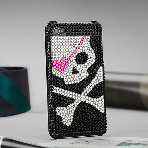 Custodia Lusso Diamante Strass Gioielli Teschio per Apple iPhone 4S Nero