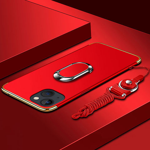 Custodia Lusso Metallo Laterale e Plastica Cover con Anello Supporto e Cordoncino per Apple iPhone 13 Mini Rosso