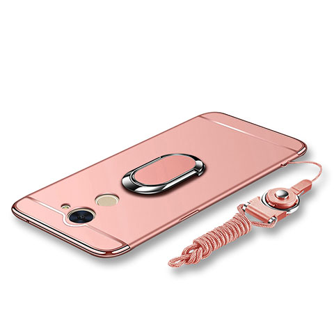 Custodia Lusso Metallo Laterale e Plastica Cover con Anello Supporto e Cordoncino per Huawei Enjoy 7 Plus Oro Rosa