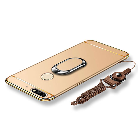 Custodia Lusso Metallo Laterale e Plastica Cover con Anello Supporto e Cordoncino per Huawei Enjoy 8 Oro