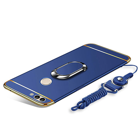 Custodia Lusso Metallo Laterale e Plastica Cover con Anello Supporto e Cordoncino per Huawei Enjoy 8 Plus Blu