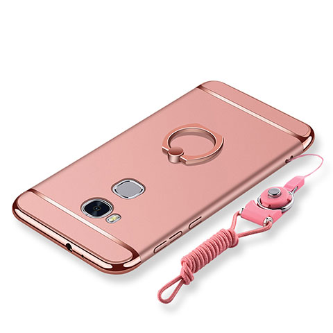 Custodia Lusso Metallo Laterale e Plastica Cover con Anello Supporto e Cordoncino per Huawei Honor 5X Oro Rosa