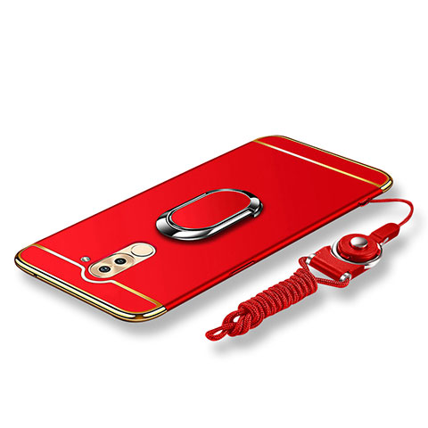 Custodia Lusso Metallo Laterale e Plastica Cover con Anello Supporto e Cordoncino per Huawei Honor 6X Pro Rosso