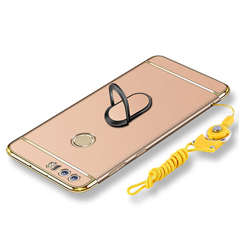 Custodia Lusso Metallo Laterale e Plastica Cover con Anello Supporto e Cordoncino per Huawei Honor 8 Oro