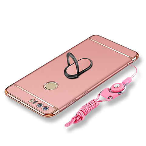 Custodia Lusso Metallo Laterale e Plastica Cover con Anello Supporto e Cordoncino per Huawei Honor 8 Oro Rosa