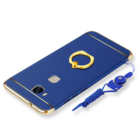 Custodia Lusso Metallo Laterale e Plastica Cover con Anello Supporto e Cordoncino per Huawei Honor Play 5X Blu