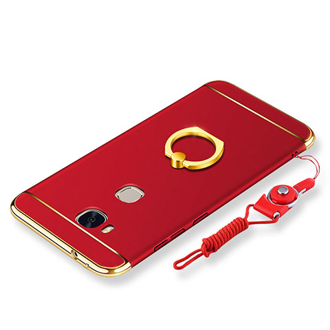 Custodia Lusso Metallo Laterale e Plastica Cover con Anello Supporto e Cordoncino per Huawei Honor Play 5X Rosso