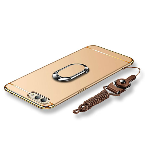 Custodia Lusso Metallo Laterale e Plastica Cover con Anello Supporto e Cordoncino per Huawei Honor V10 Oro