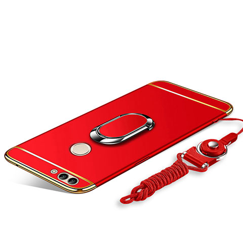 Custodia Lusso Metallo Laterale e Plastica Cover con Anello Supporto e Cordoncino per Huawei Y9 (2018) Rosso