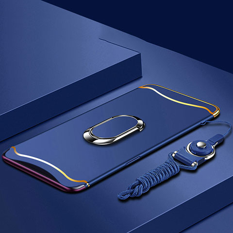 Custodia Lusso Metallo Laterale e Plastica Cover con Anello Supporto e Cordoncino per Oppo Find X Blu