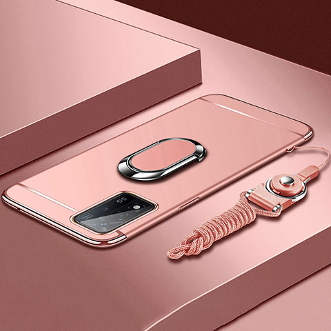 Custodia Lusso Metallo Laterale e Plastica Cover con Anello Supporto P01 per Oppo A93s 5G Oro Rosa