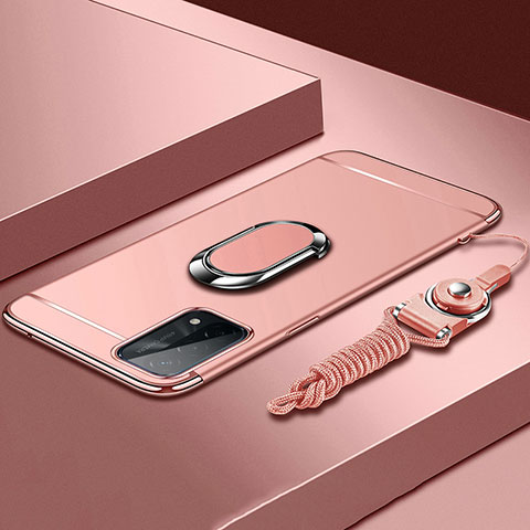 Custodia Lusso Metallo Laterale e Plastica Cover con Anello Supporto P03 per Oppo A93 5G Oro Rosa