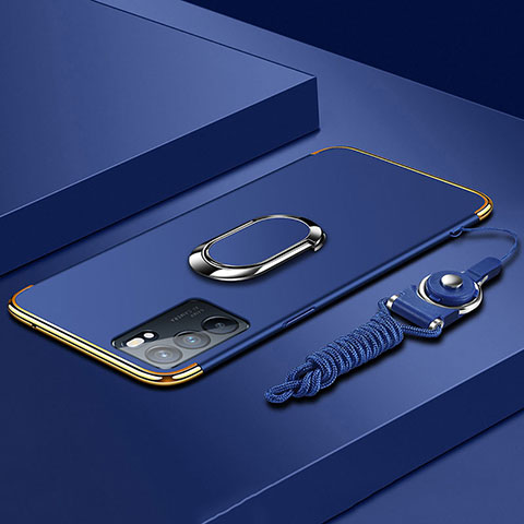 Custodia Lusso Metallo Laterale e Plastica Cover con Anello Supporto per Oppo Reno6 5G Blu